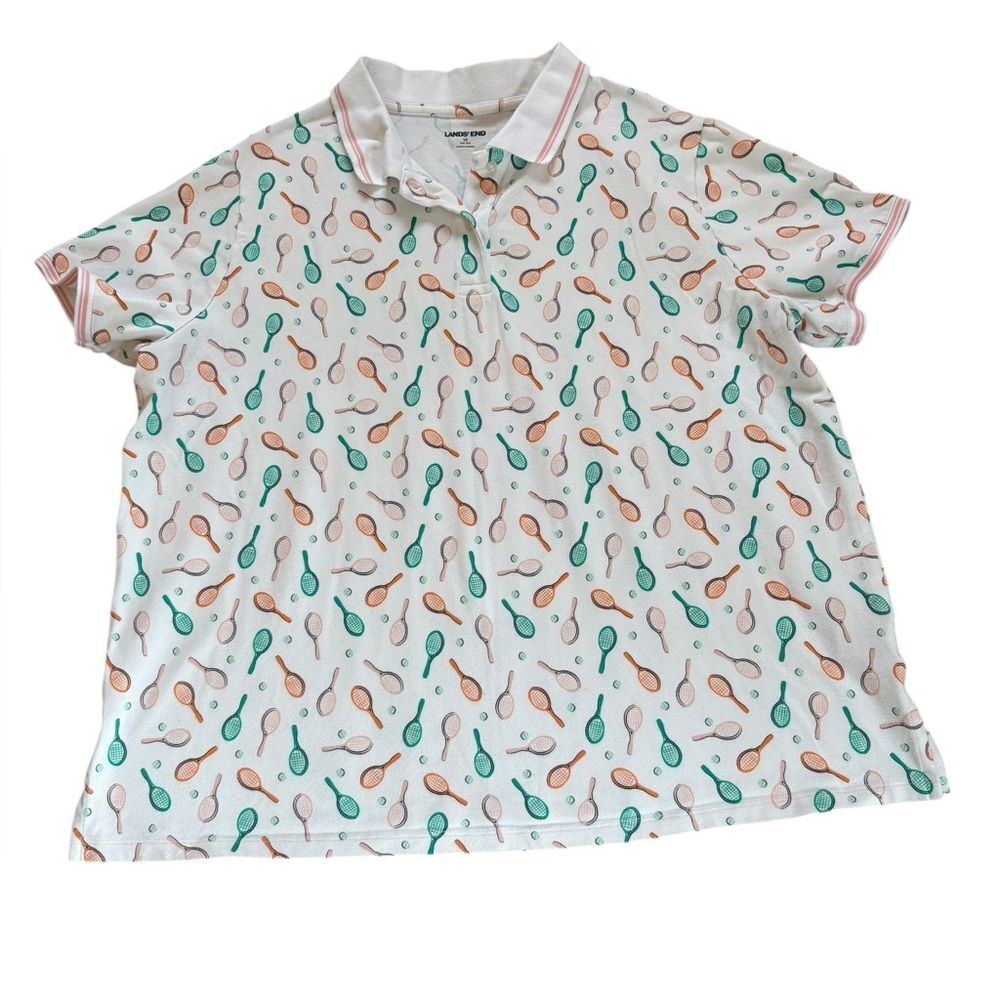 Lands End White Polo Shirt Orange Green Tennis Racket Pickleball Print Womens 1X